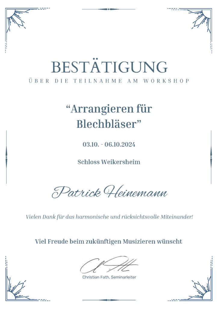 Teilnahmebescheinigung Workshop "Arrangieren für Blechbläser"